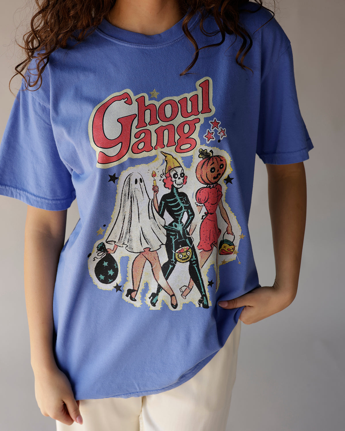 Blue oversized Halloween graphic tee with Ghoul Gang ghost skeleton pumpkin print