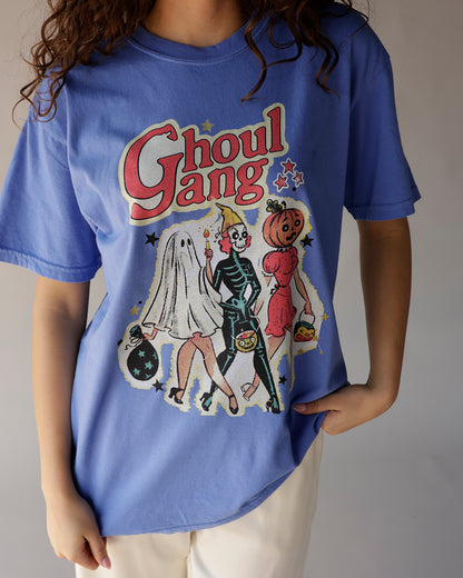 Blue oversized Halloween graphic tee with Ghoul Gang ghost skeleton pumpkin print