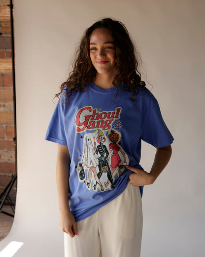 Salty Babe Threads blue oversized Ghoul Gang Halloween graphic tee with retro spooky characters