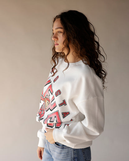 White Ohio State Brutus crewneck sweatshirt with red collegiate graphic print