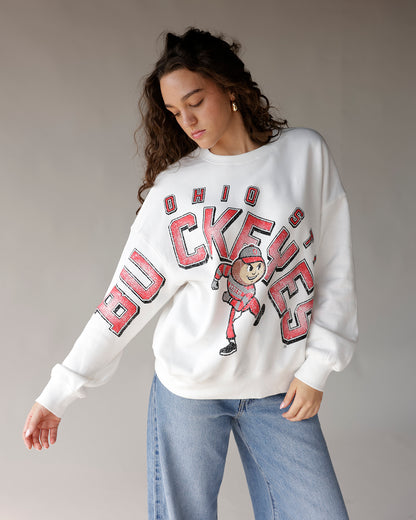 White oversized Ohio State Buckeyes graphic sweatshirt with Brutus mascot print