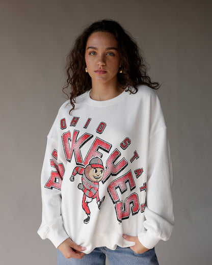 White oversized Ohio State Buckeyes crewneck sweatshirt with Brutus mascot graphic