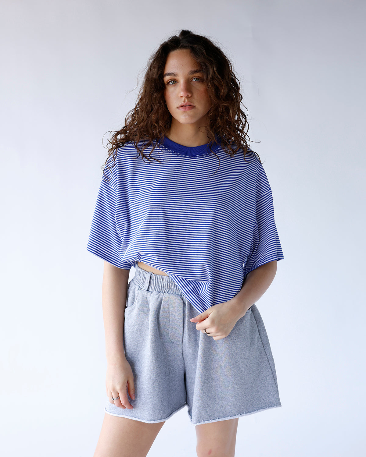 blue and white striped short sleeve tee with blue contrast neckline