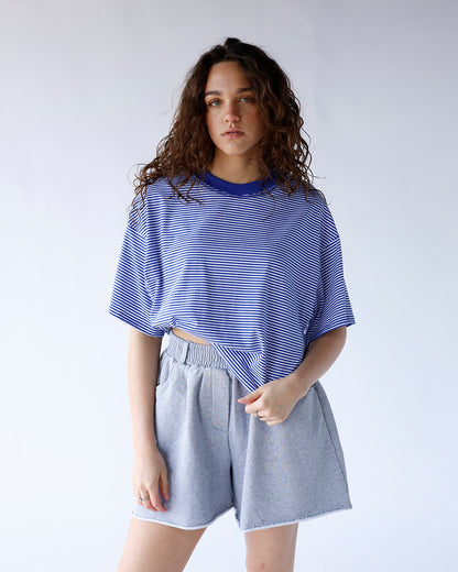 blue and white striped short sleeve tee with blue contrast neckline