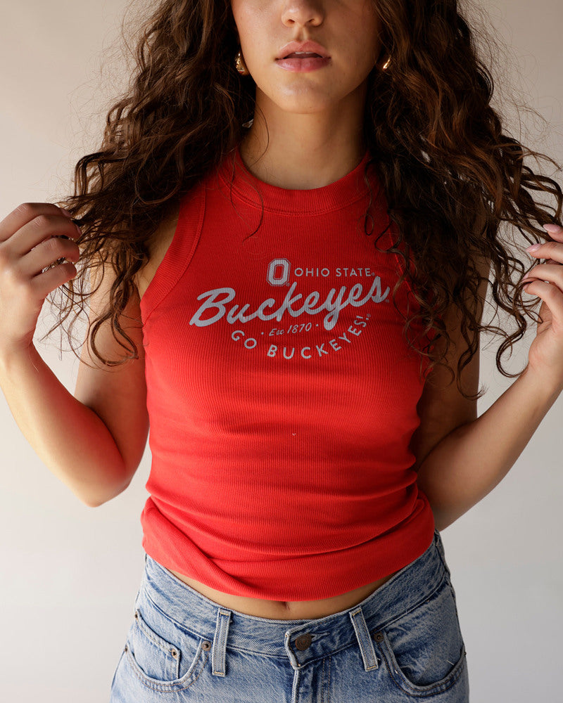 Red ribbed Ohio State Buckeyes crop tank top with script graphic print