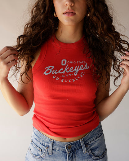 Red ribbed Ohio State Buckeyes crop tank top with script graphic print