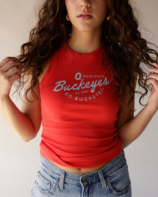 Red ribbed Ohio State Buckeyes crop tank top with script graphic print