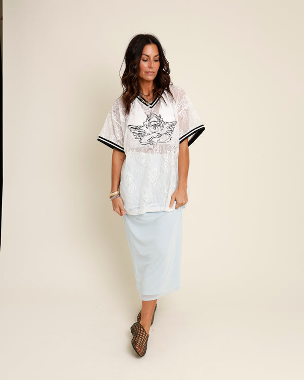 BLUEBERRY LACE TRIM MIDI SKIRT