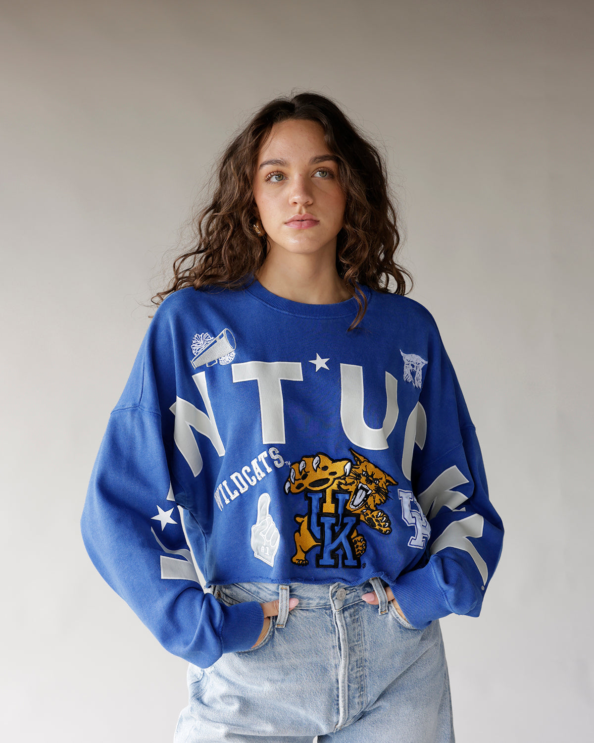 Blue Kentucky Wildcats oversized crop crewneck sweatshirt with graphic lettering and mascot