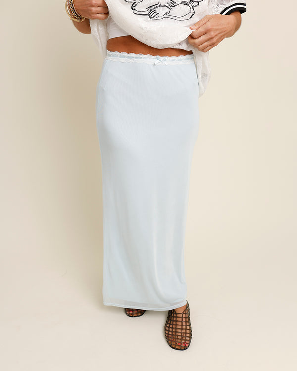 light blue lace top midi skirt 