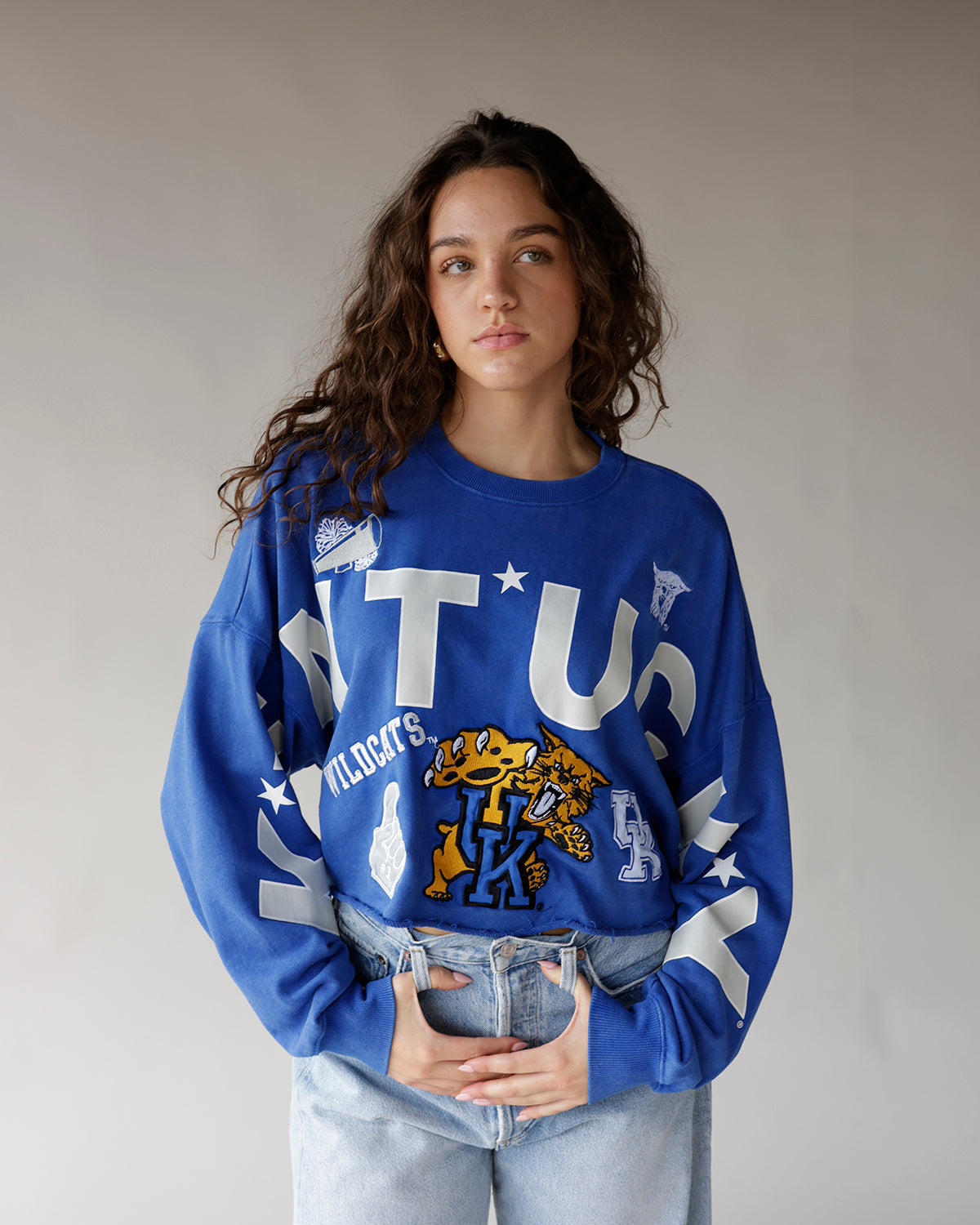 Blue Kentucky Wildcats oversized crop crewneck sweatshirt with all-over graphic print