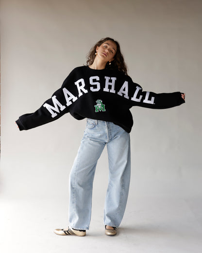 Black Marshall varsity crewneck sweatshirt with bold white lettering and green logo