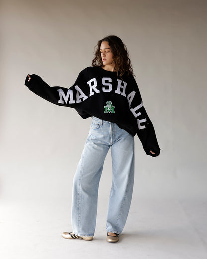 Black Marshall varsity crewneck sweatshirt with white arch lettering and green M logo
