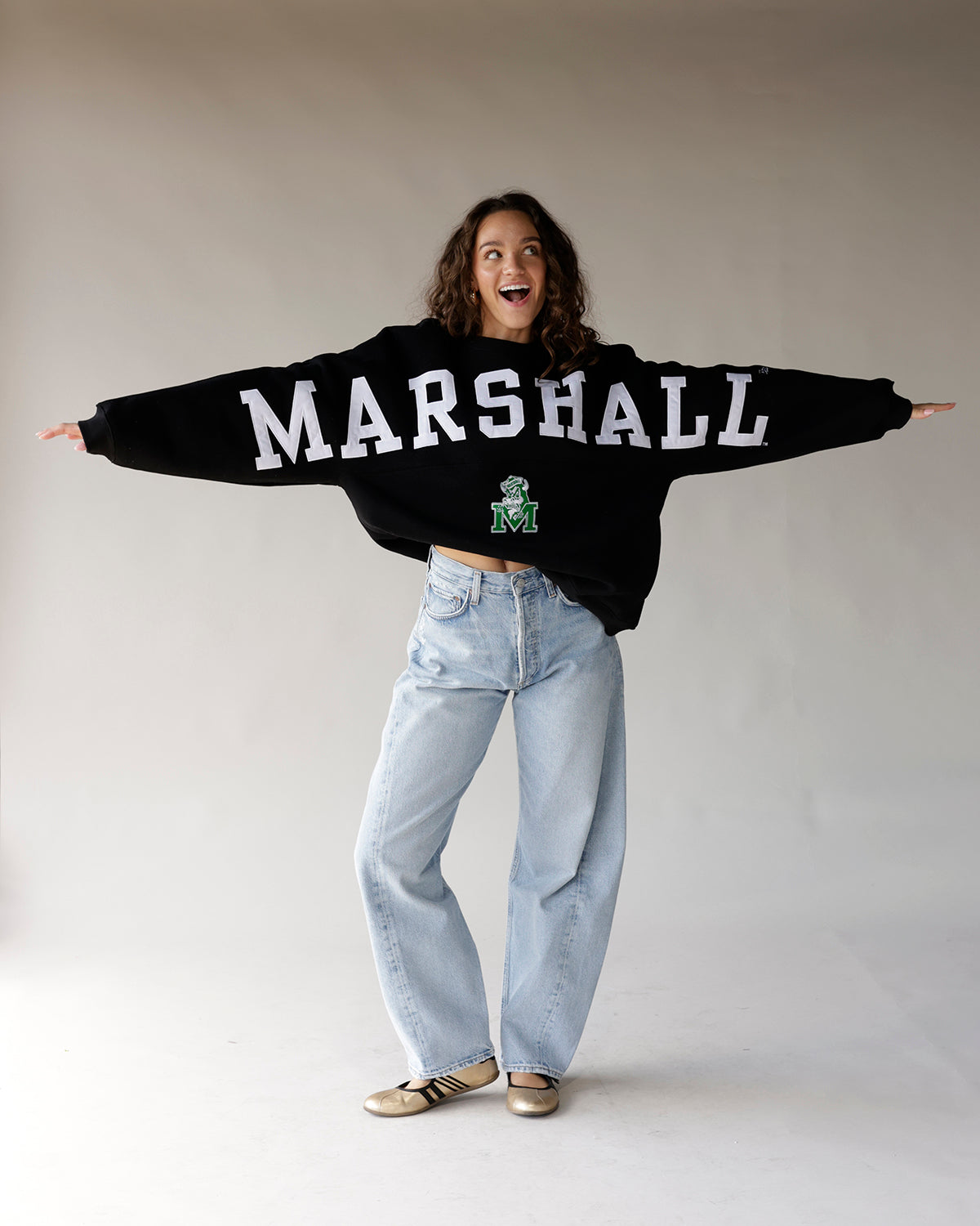 Black Marshall University oversized varsity crewneck sweatshirt with white lettering