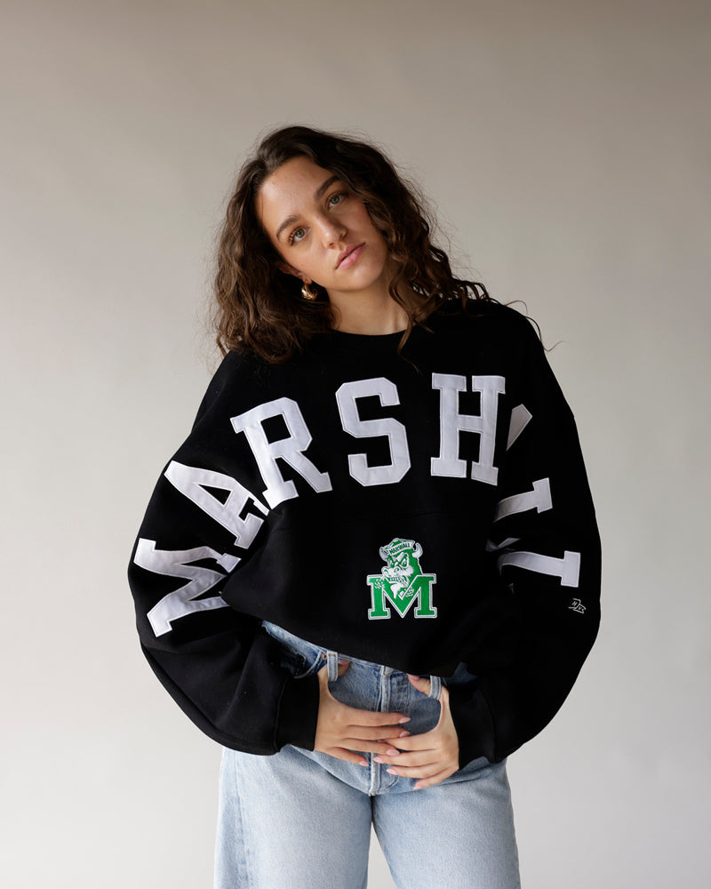 Women's oversized black Marshall crewneck sweatshirt with white lettering and green logo