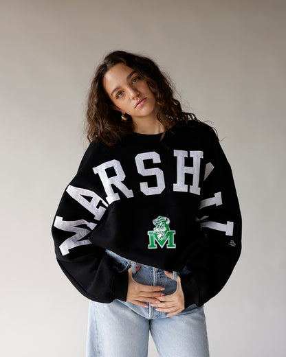 Women's oversized black Marshall crewneck sweatshirt with white lettering and green logo