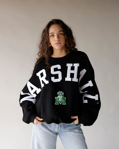 Black Marshall varsity crewneck sweatshirt with white lettering and green M logo