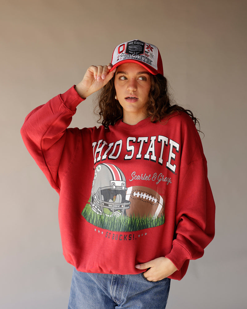Women's red Ohio State Buckeyes crewneck sweatshirt and matching trucker hat