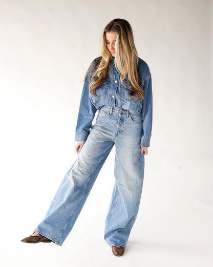 sydney high rise bowed wide leg in hazy denim jeans women's light wash denim jeans