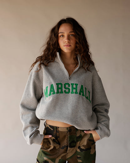 Gray quarter-zip cropped sweatshirt with green Marshall collegiate embroidered lettering