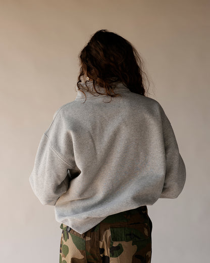 Gray heather quarter zip sweatshirt shown from the back, oversized fit