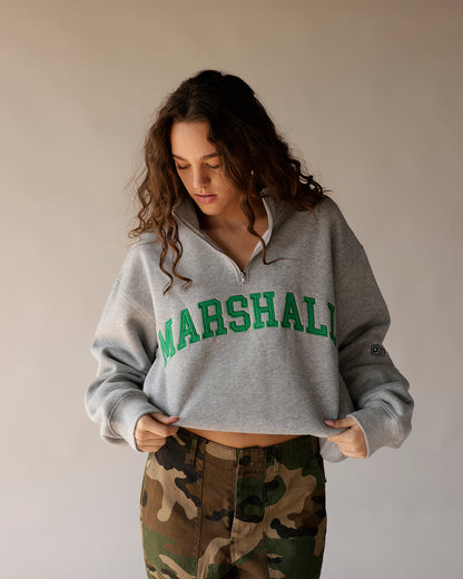 Gray cropped quarter-zip Marshall sweatshirt with green varsity lettering