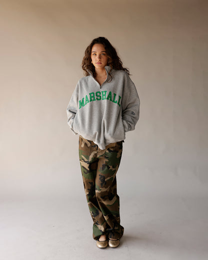 Gray Marshall quarter-zip sweatshirt with green collegiate lettering, oversized fit