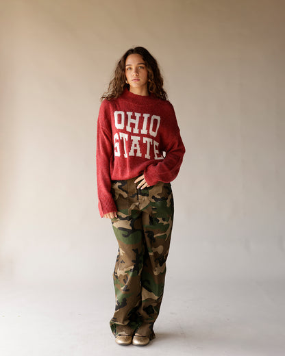 Red knit Ohio State crew neck sweater with white block lettering, cropped fit