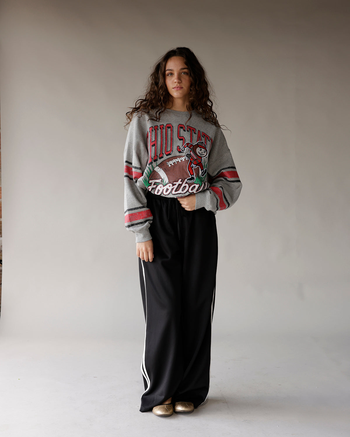 Gray Ohio State Football vintage graphic crewneck sweatshirt with red stripe sleeves