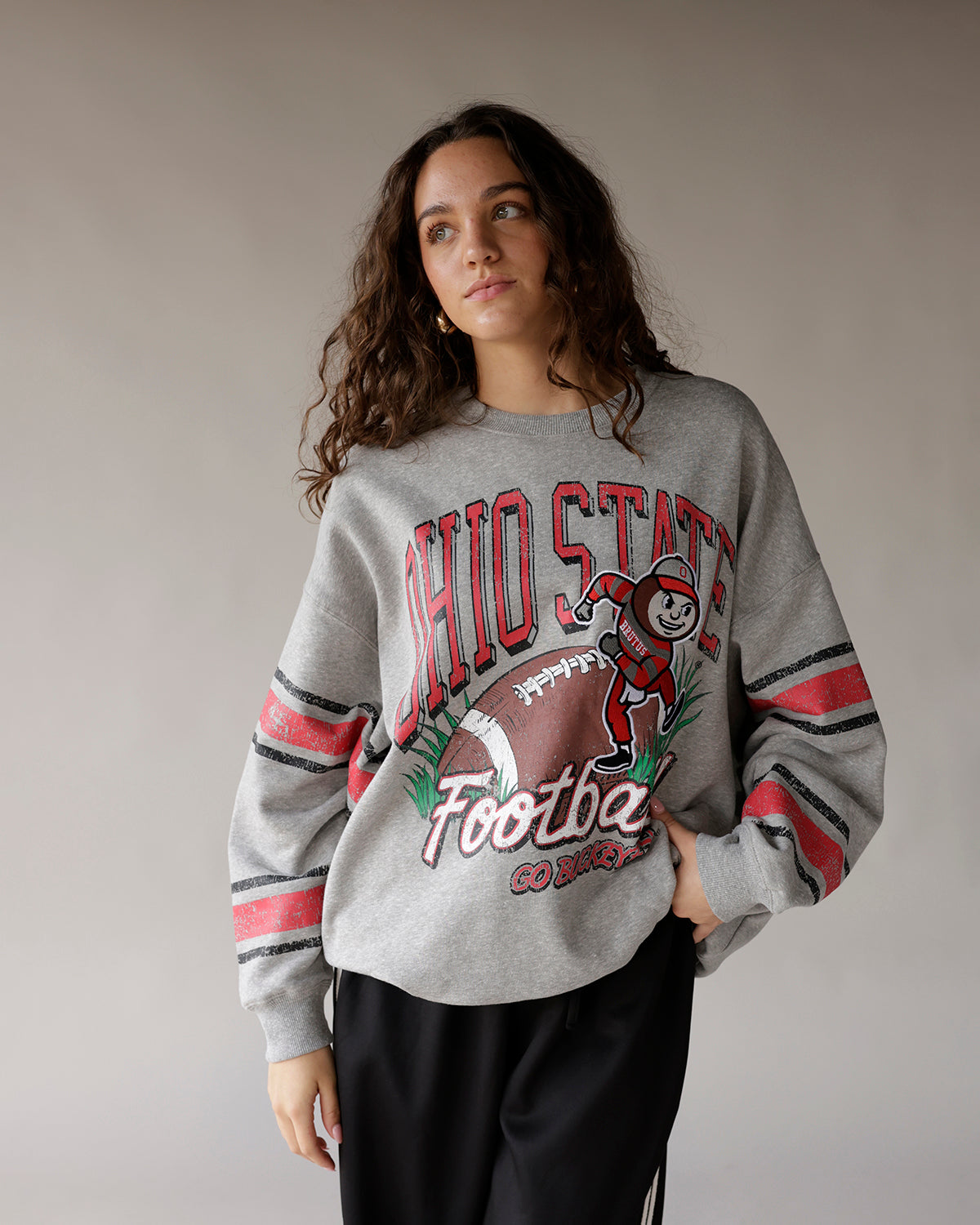 Gray Ohio State Football throwback graphic crewneck sweatshirt with striped sleeves