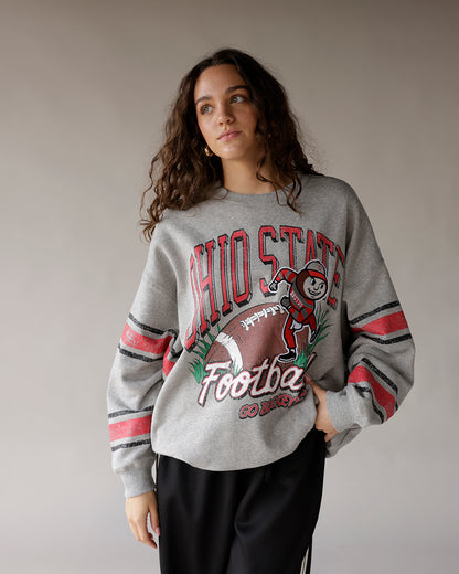 Gray Ohio State Football throwback graphic crewneck sweatshirt with striped sleeves