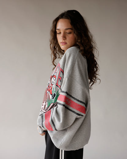 Oversized gray Ohio State crewneck sweatshirt with vintage graphic and striped sleeves