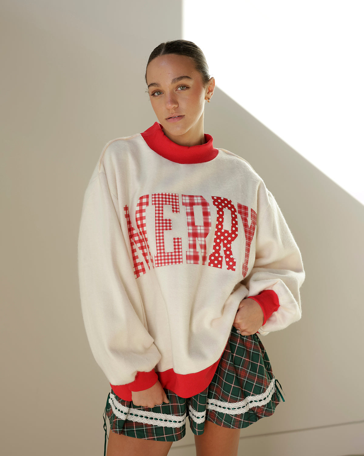 MERRY + STRIPED REVERSIBLE MOCK NECK SWEATSHIRT