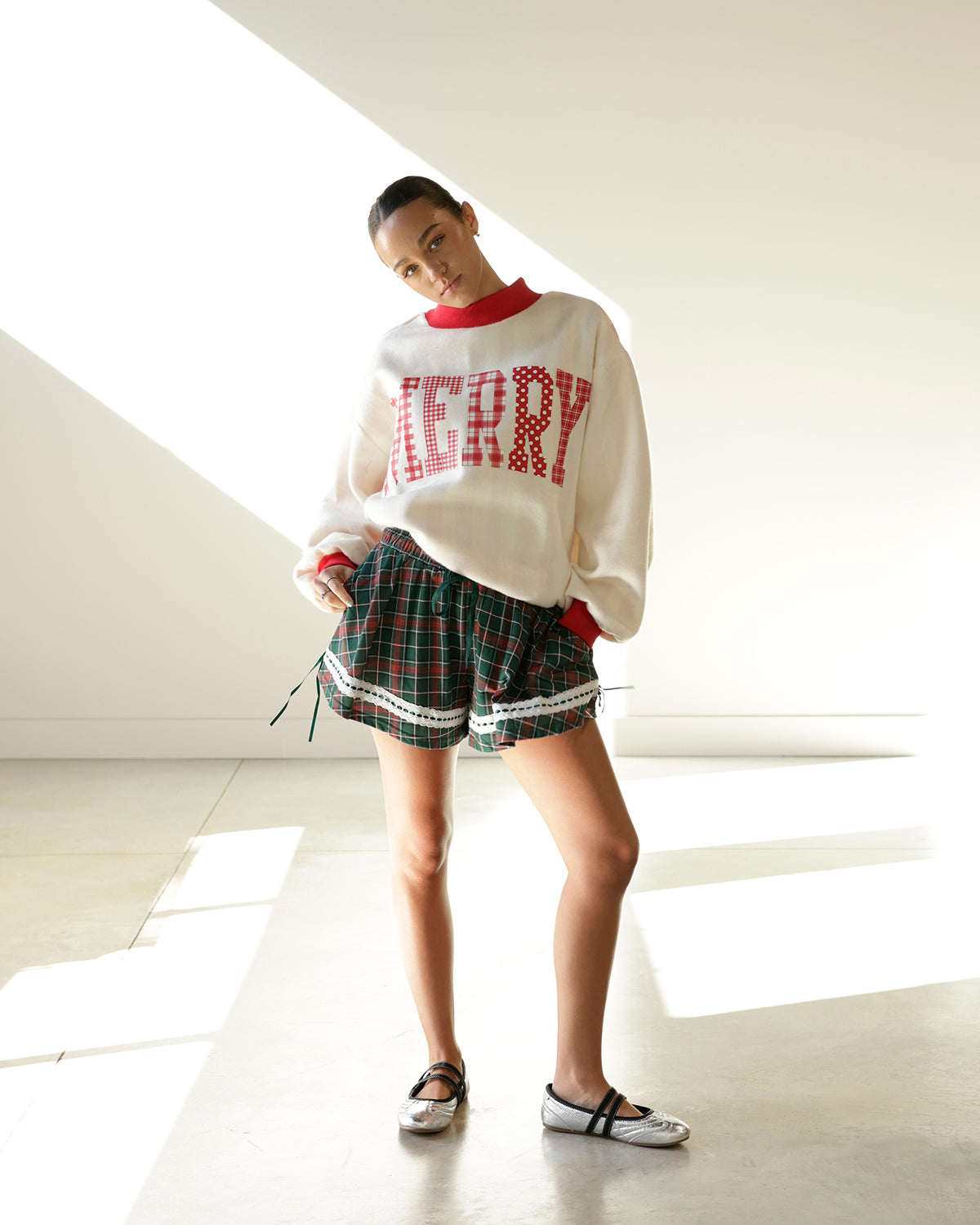 MERRY + STRIPED REVERSIBLE MOCK NECK SWEATSHIRT