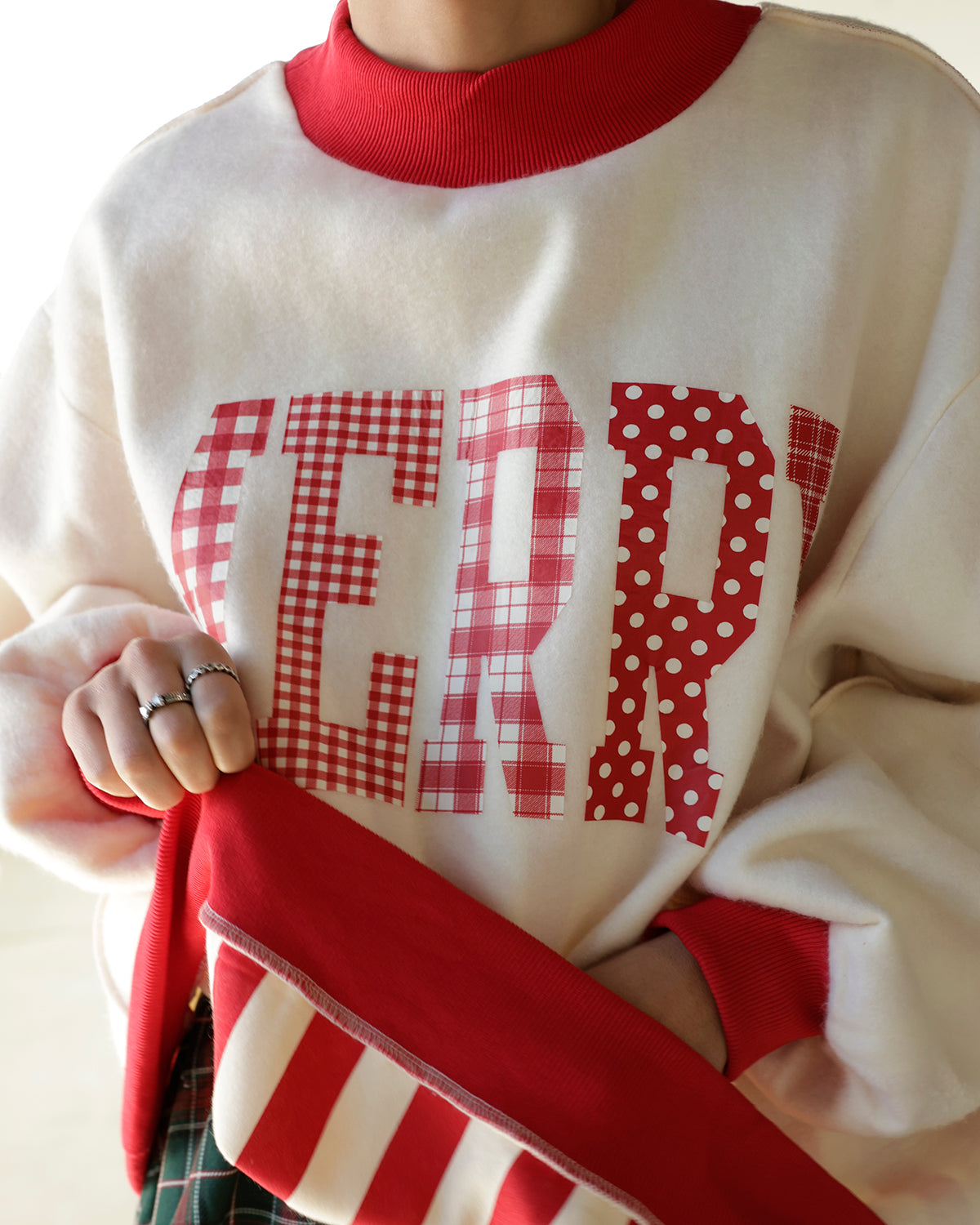 MERRY + STRIPED REVERSIBLE MOCK NECK SWEATSHIRT