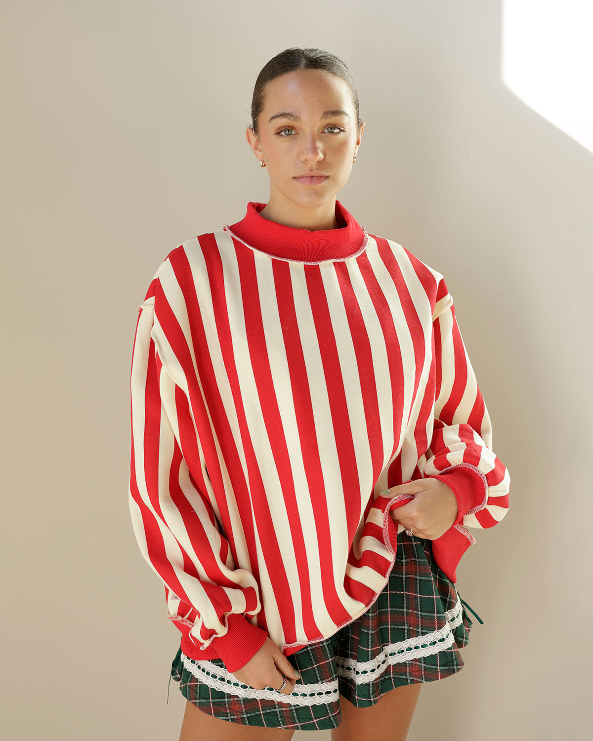 MERRY + STRIPED REVERSIBLE MOCK NECK SWEATSHIRT