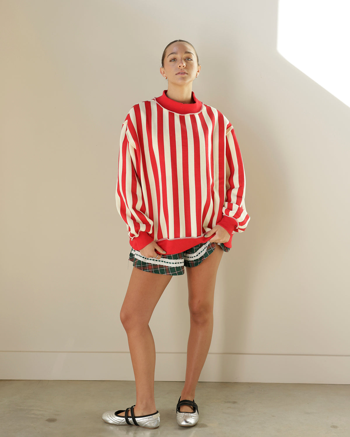 MERRY + STRIPED REVERSIBLE MOCK NECK SWEATSHIRT