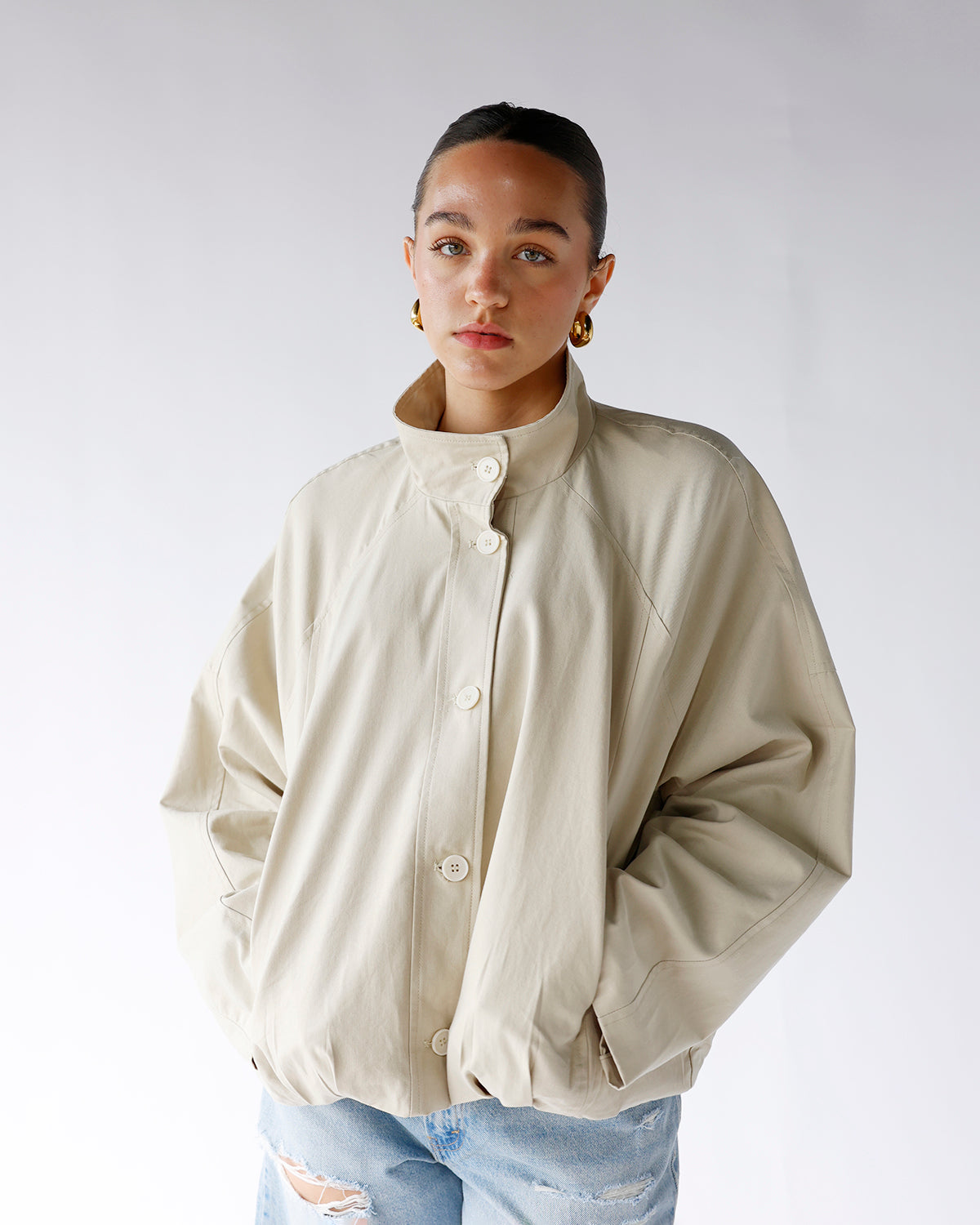 beige button front stand collar jacket