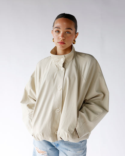 beige button front stand collar jacket