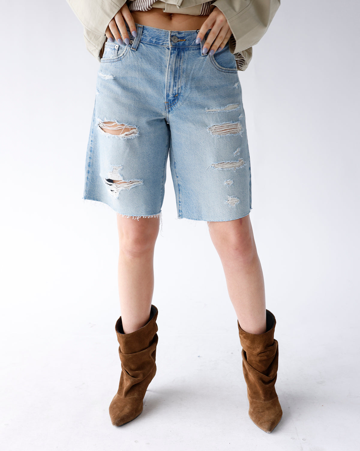 levis light wash baggy ripped long line shorts women's denim shorts