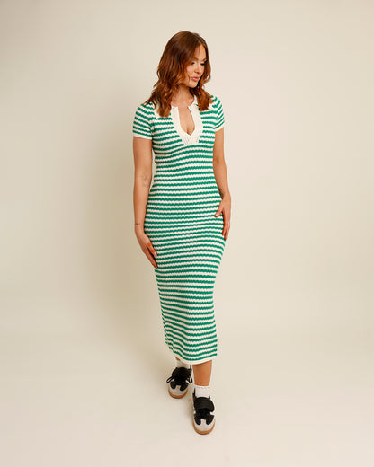 KEY LARGO COLLAR STRIPED KNIT MIDI DRESS
