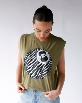 green sleeveless muscle tee with zebra print 8ball graphic
