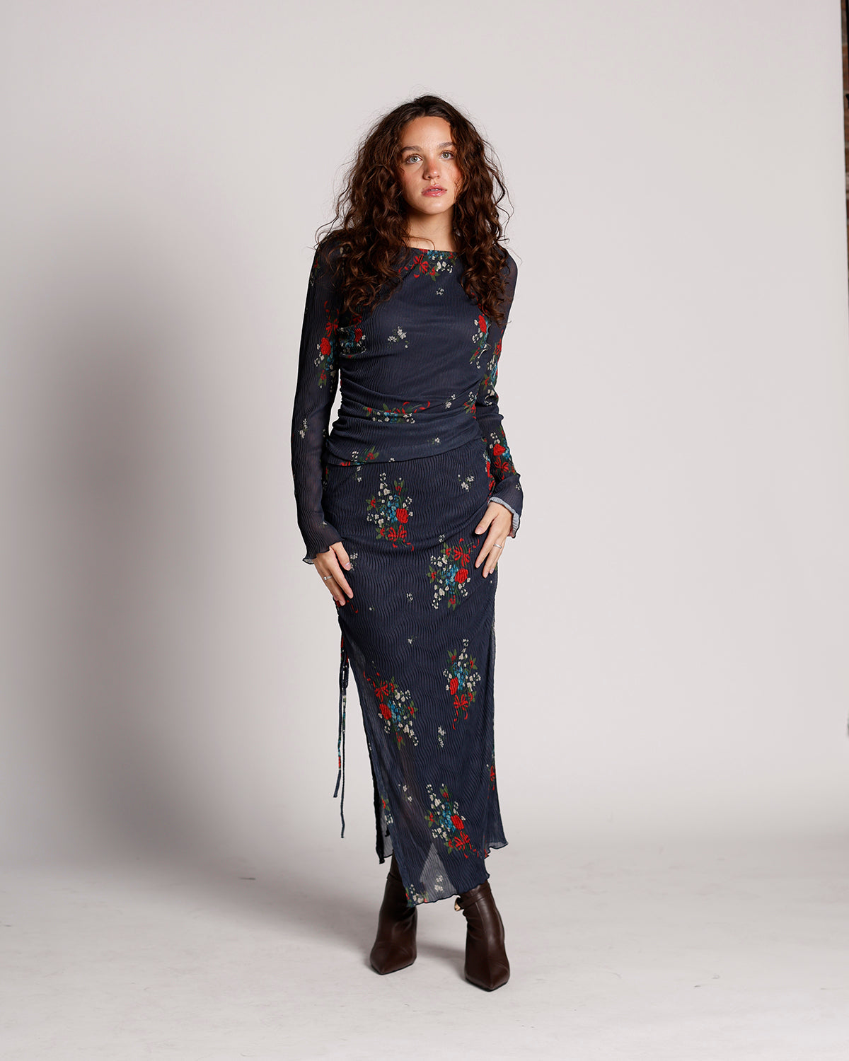FREE PEOPLE CRIMSON LIGHTS FLORAL MESH TOP & SKIRT SET