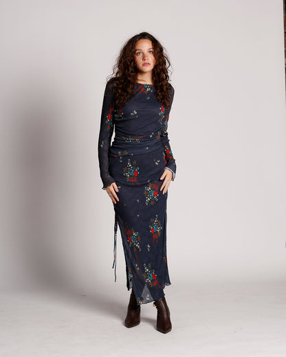 FREE PEOPLE CRIMSON LIGHTS FLORAL MESH TOP & SKIRT SET