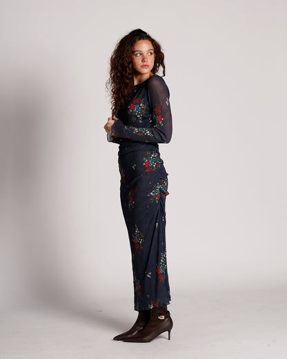 FREE PEOPLE CRIMSON LIGHTS FLORAL MESH TOP & SKIRT SET
