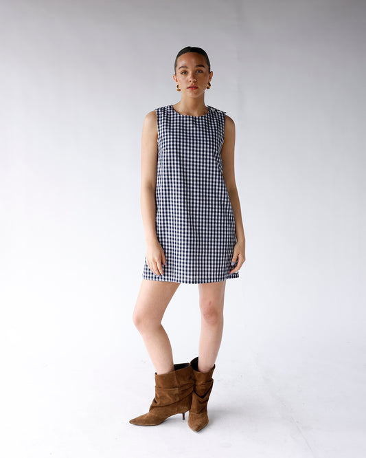 black and white gingham print mini dress with button detailing
