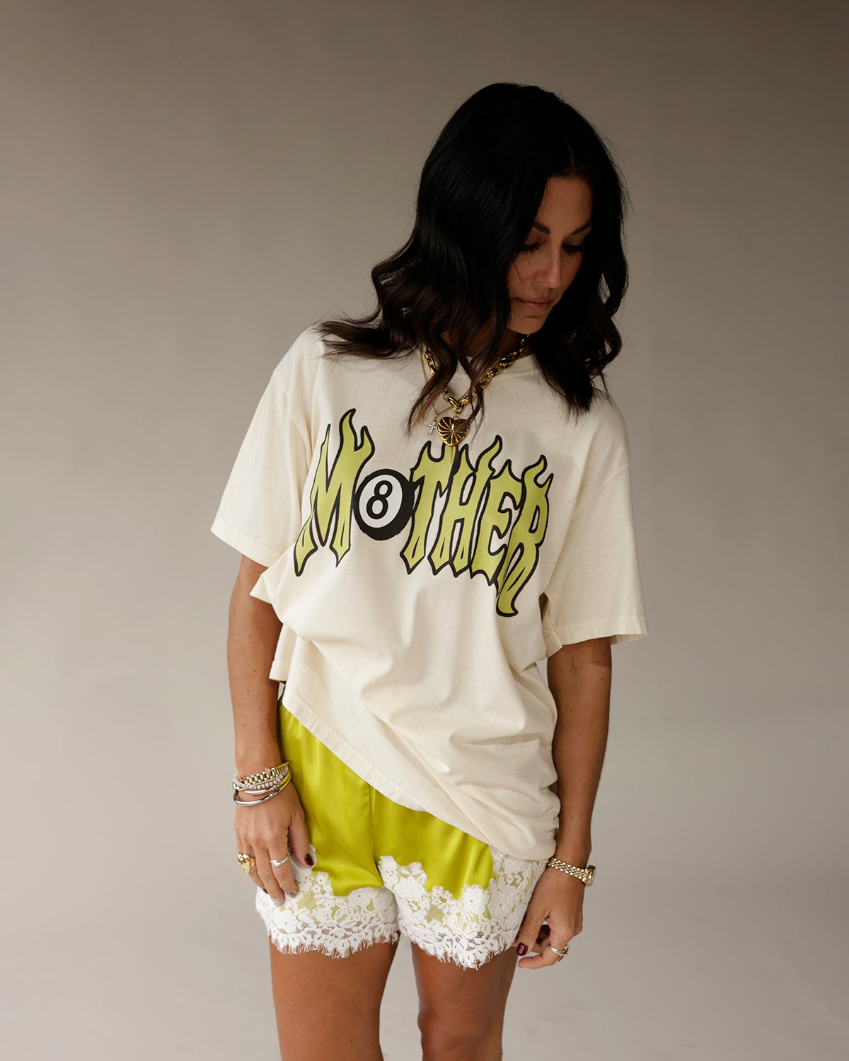 Cream oversized graphic tee with yellow flame MOTHER 8 ball print