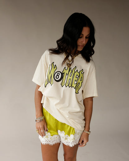 Cream oversized graphic tee with yellow flame MOTHER 8 ball print