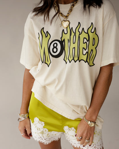 Cream oversized graphic tee with yellow flame MOTHER 8-ball print design