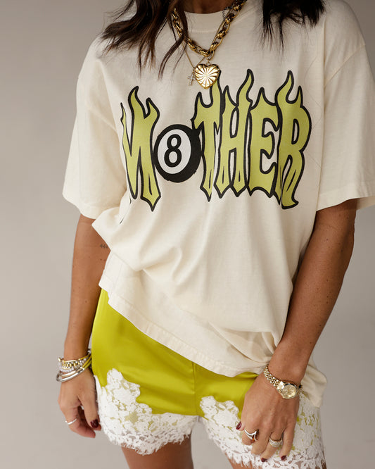 Cream oversized graphic tee with yellow flame MOTHER 8-ball print design